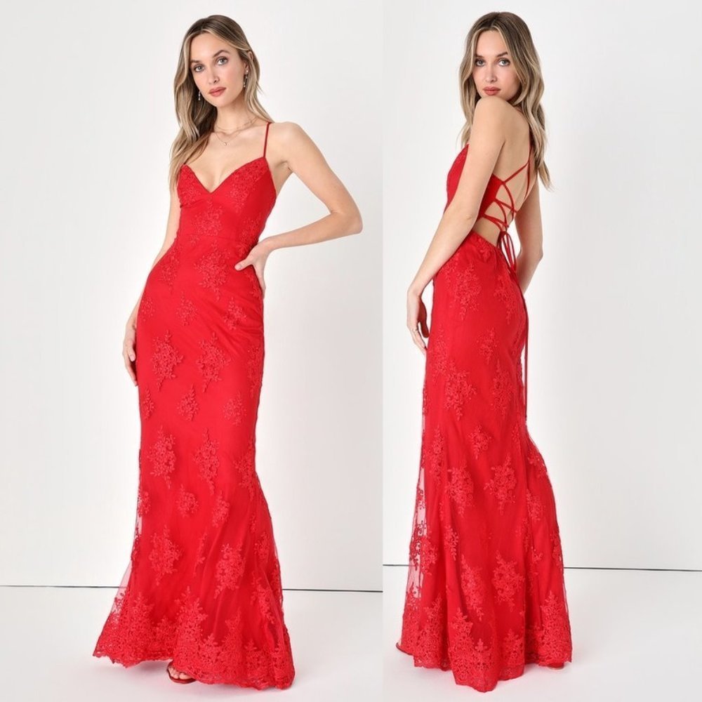 Lulus Women's Red Floral Embroidered Lace Maxi Dress M L